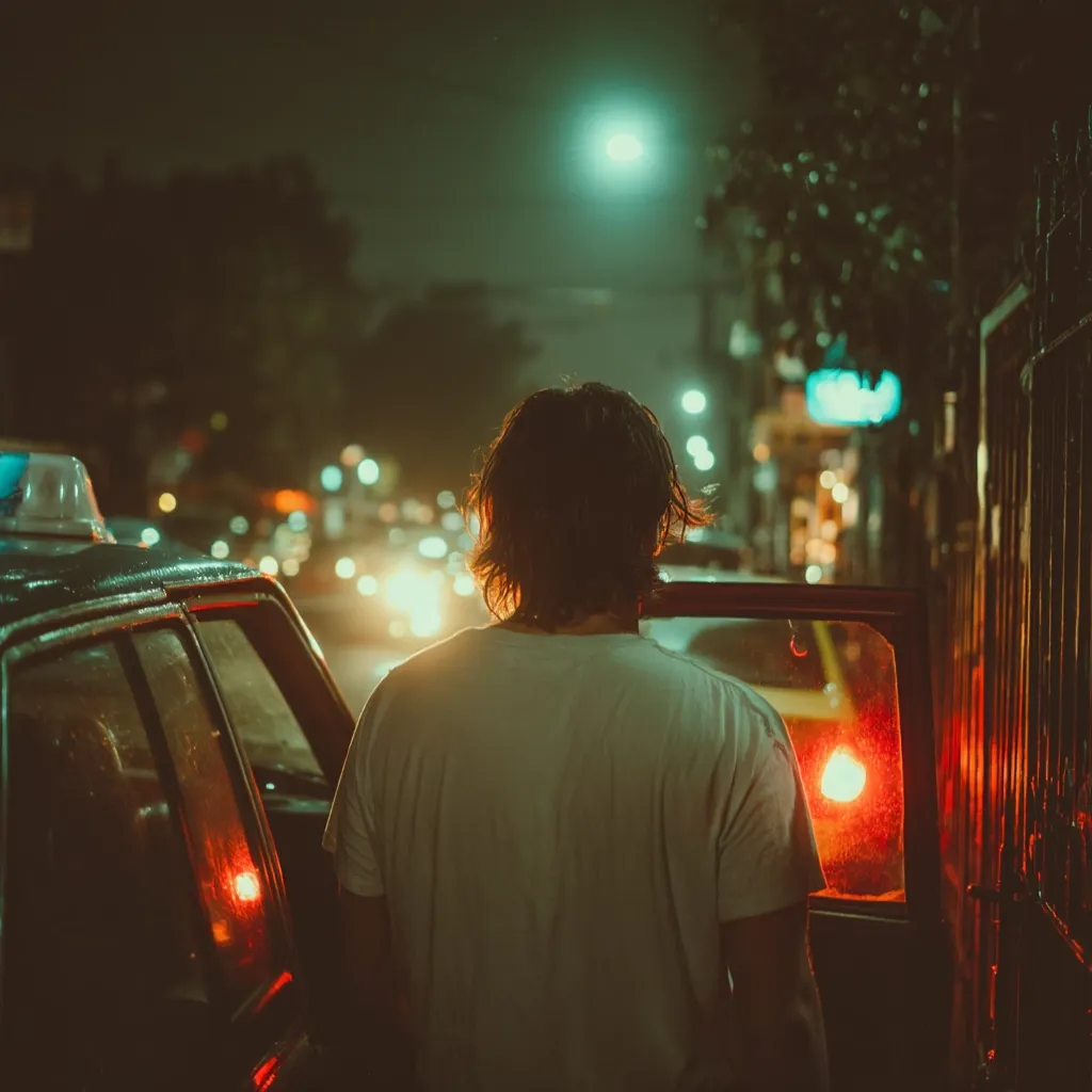 A person with long brown hair stands at night, facing away from the camera. They are wearing a light-colored t-shirt and are next to a dark-colored car.  The background is blurred, showing city lights and traffic. The scene is dimly lit, with a greenish-yellow hue, suggesting nighttime in a city.  The overall mood is melancholic and mysterious.