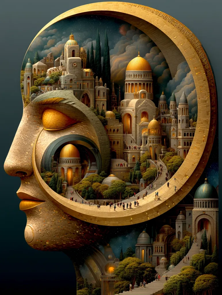 A surreal artwork depicts a side profile of a stone head, its interior a vibrant, winding cityscape.  Golden-hued buildings, domes, and stairways ascend into a night sky, populated with tiny figures.  The architectural style blends classical and fantastical elements, creating a dreamlike, enclosed world within the head's form. The overall effect is one of intricate detail and a mesmerizing blend of reality and imagination.