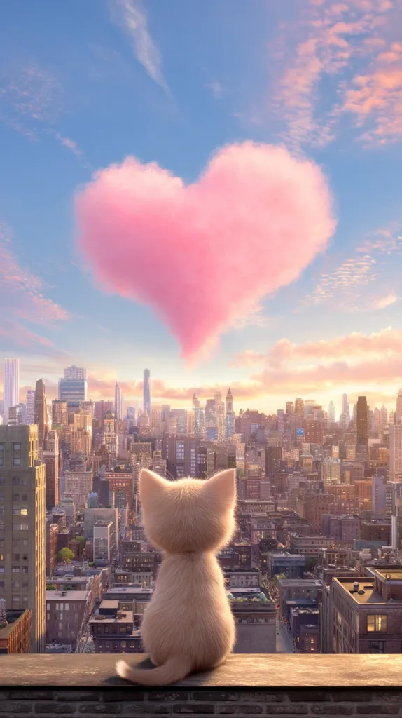 A fluffy, light beige kitten sits on a rooftop, gazing at a breathtaking cityscape bathed in the warm glow of sunrise.  Above, a giant, heart-shaped pink cloud floats in a pastel sky, creating a whimsical and romantic scene. The city stretches out before the kitten, a panorama of buildings reaching towards the sky.