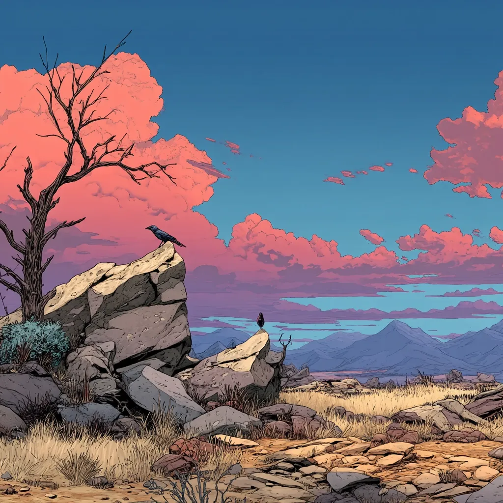 A stylized landscape painting depicts a rocky outcrop under a vibrant sunset sky. Two birds perch on separate rocks, silhouetted against the pink and orange clouds. A barren tree stands near the main rock formation.  Distant, hazy mountains stretch across the horizon, completing the serene, almost otherworldly scene. The overall style is reminiscent of graphic novel art.