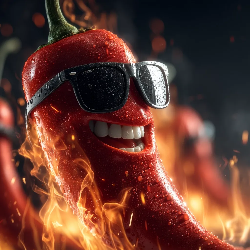 A vibrant red chili pepper, dripping with water and wearing stylish sunglasses, grins mischievously.  Surrounded by flames and sparks, it exudes a playful, fiery energy.  Other chili peppers are blurred in the background, creating a dynamic, hot scene.  The image is stylized and digitally enhanced, giving the pepper a cartoonish personality.