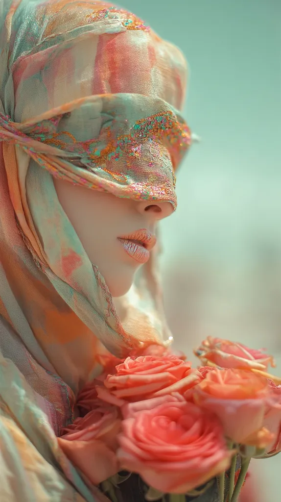 A woman's face is partially obscured by a sheer, pastel-colored scarf, tied in a way that covers her eyes.  Her lips are visible, painted a soft pink.  She holds a bouquet of coral-toned roses close to her chest, creating a dreamy, ethereal image. The overall color palette is muted and romantic.