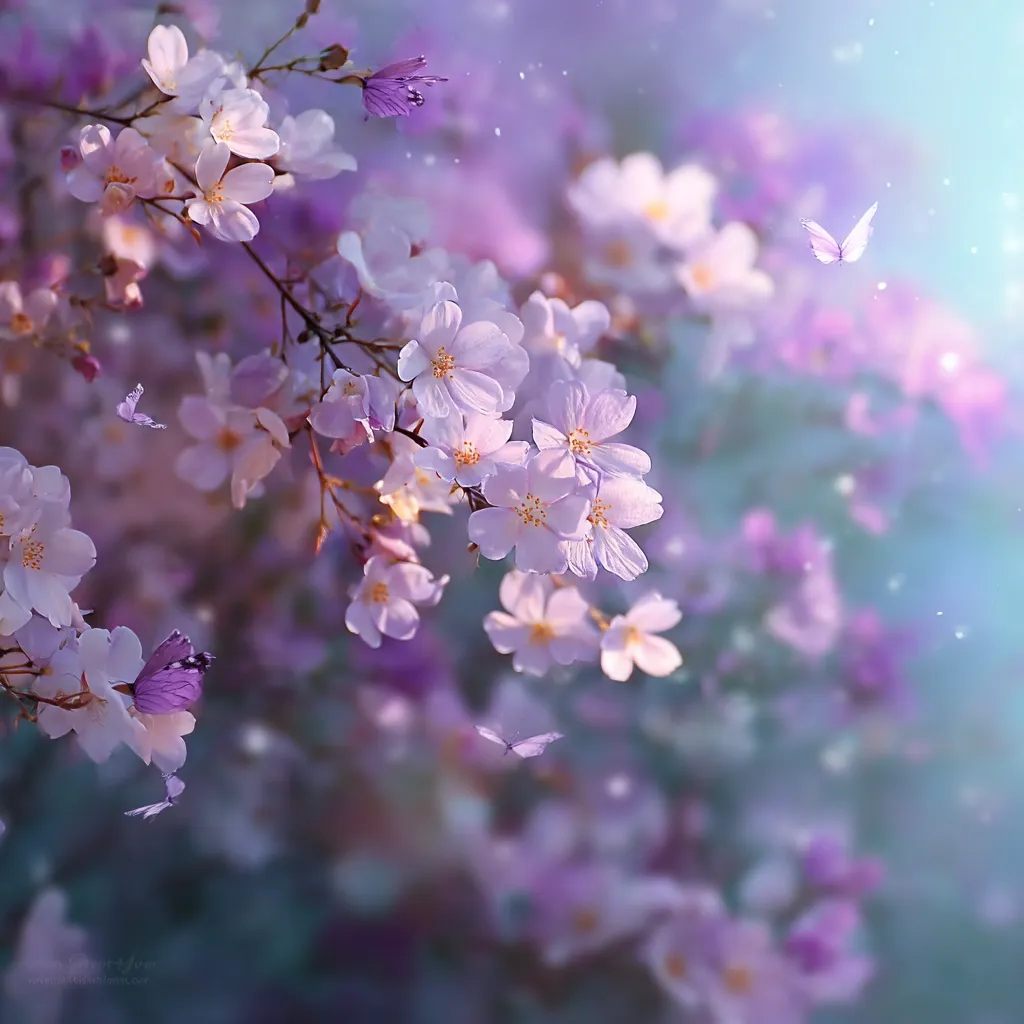 A dreamy, ethereal image showcases a blossoming branch of delicate light purple cherry blossoms.  Soft, pastel hues dominate the scene, enhanced by the gentle presence of butterflies flitting amidst the flowers.  A soft, sunlit background adds to the enchanting and peaceful atmosphere, creating a feeling of springtime serenity.