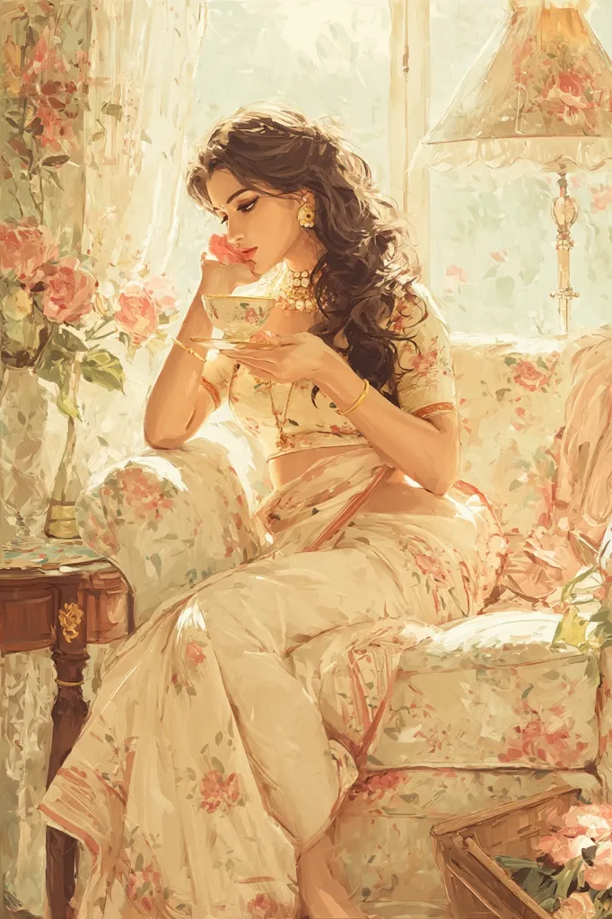 A beautiful woman with long dark hair sits on a floral patterned chaise lounge, delicately holding a teacup.  She's dressed in a flowing, light-colored sari adorned with floral motifs, and wears gold jewelry.  Sunlight streams through a nearby window, illuminating the scene with a warm, romantic glow.  Roses and a lamp add to the elegant, dreamy atmosphere.