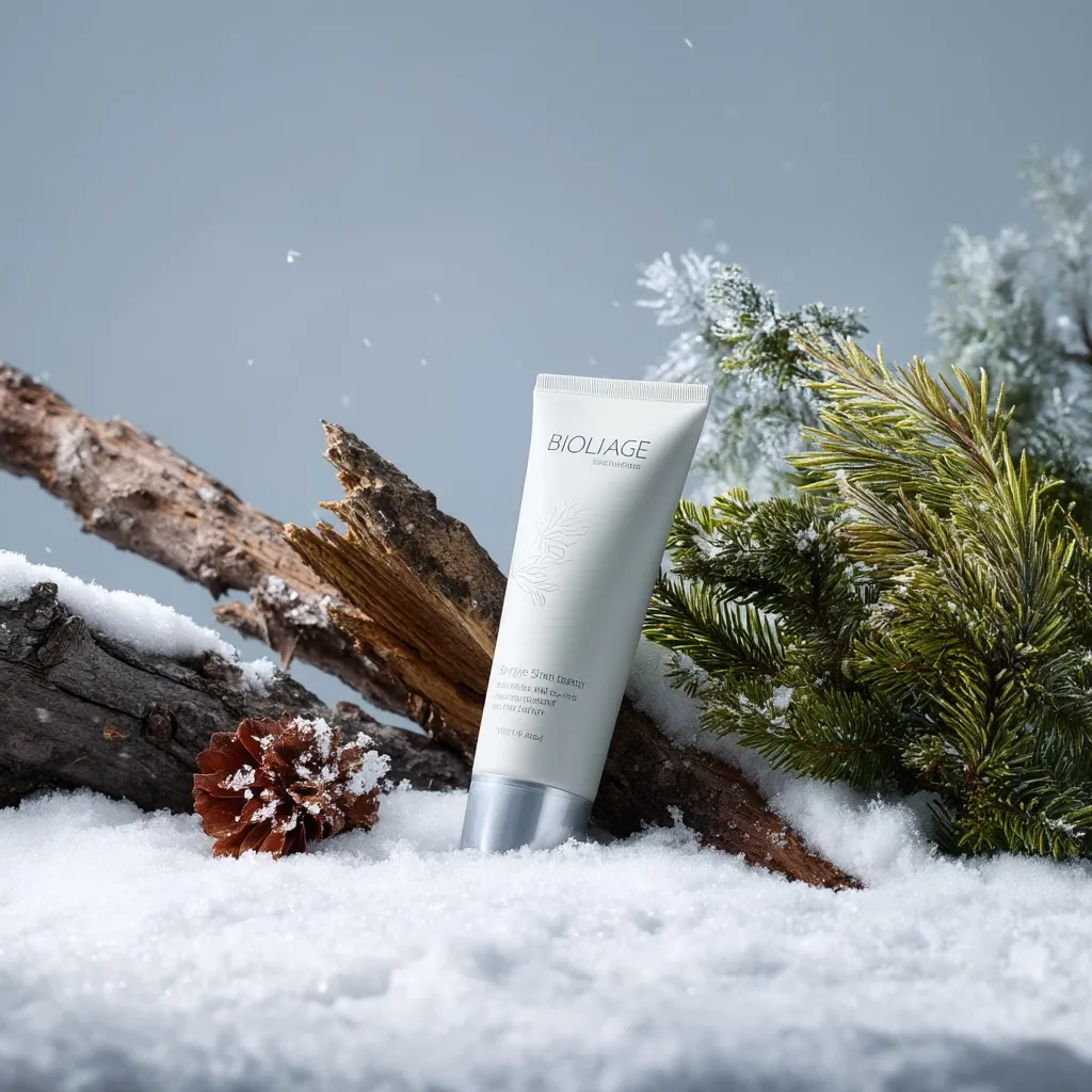 A tube of Biolage "Soothing Stress Eraser" sits nestled in a snowy winter scene.  The cream-colored tube is partially obscured by a pine branch and rests on a snow-covered log.  The overall aesthetic is clean, minimalist, and evokes a sense of calm and tranquility associated with winter landscapes.  The product's name is visible, highlighting its focus on stress relief.