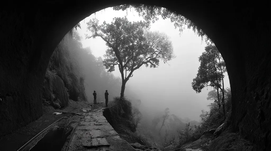 A black and white photograph captures two figures standing at the exit of a dark tunnel.  The tunnel's opening frames a misty mountain landscape, dominated by a solitary tree silhouetted against the fog.  A path leads from the tunnel towards the tree, disappearing into the hazy distance. The scene evokes a sense of mystery and solitude within the natural world.