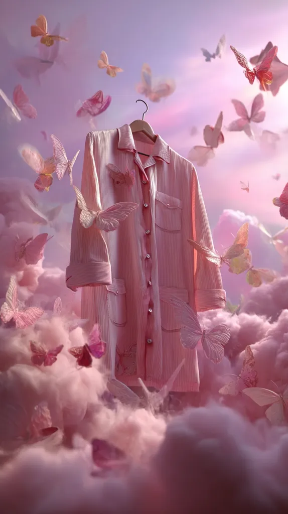 A pink button-down shirt hangs on a wooden hanger amidst a dreamy, pastel-colored scene.  Numerous delicate pink butterflies flutter around the garment, which rests on a fluffy cloud-like formation. The overall aesthetic is ethereal and whimsical, suggesting a light and airy atmosphere.