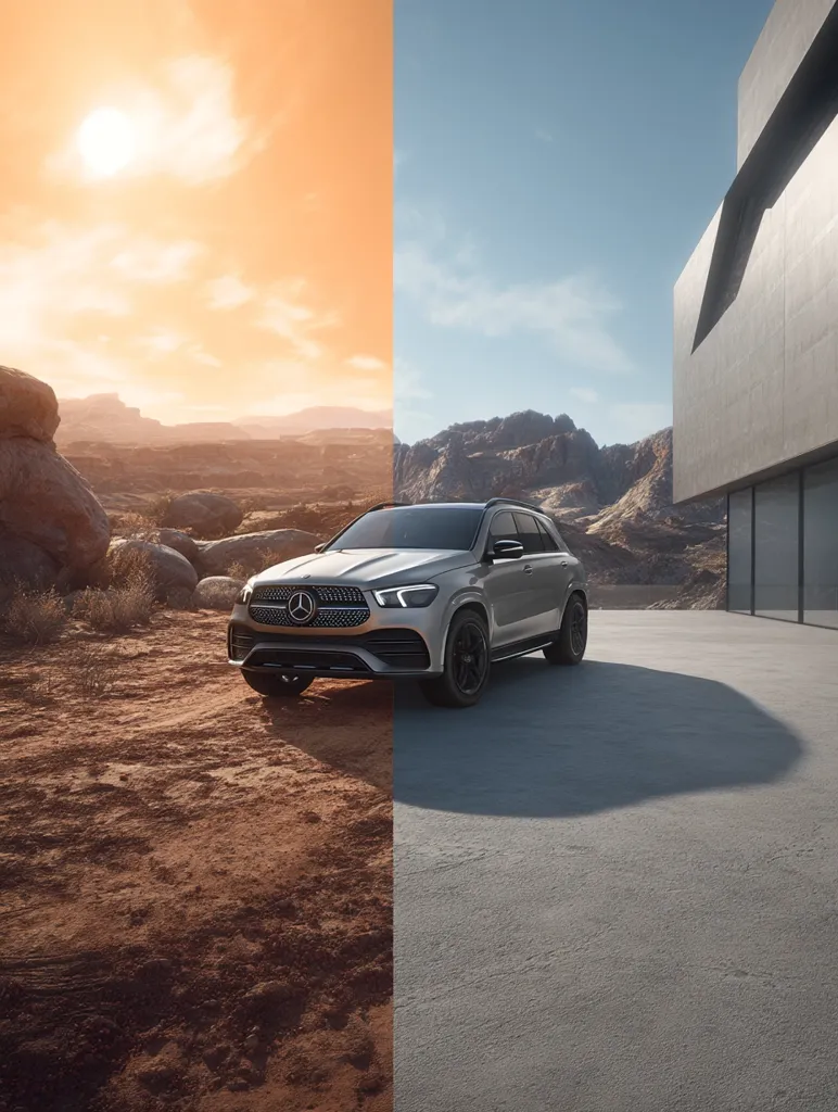 A silver Mercedes-Benz GLE SUV is parked between two contrasting landscapes.  One side showcases a rugged, desert terrain under a warm, orange sky. The other depicts a smooth, gray paved area next to a modern, minimalist concrete building under a clear blue sky. The image highlights the vehicle's versatility, suggesting its suitability for diverse environments.