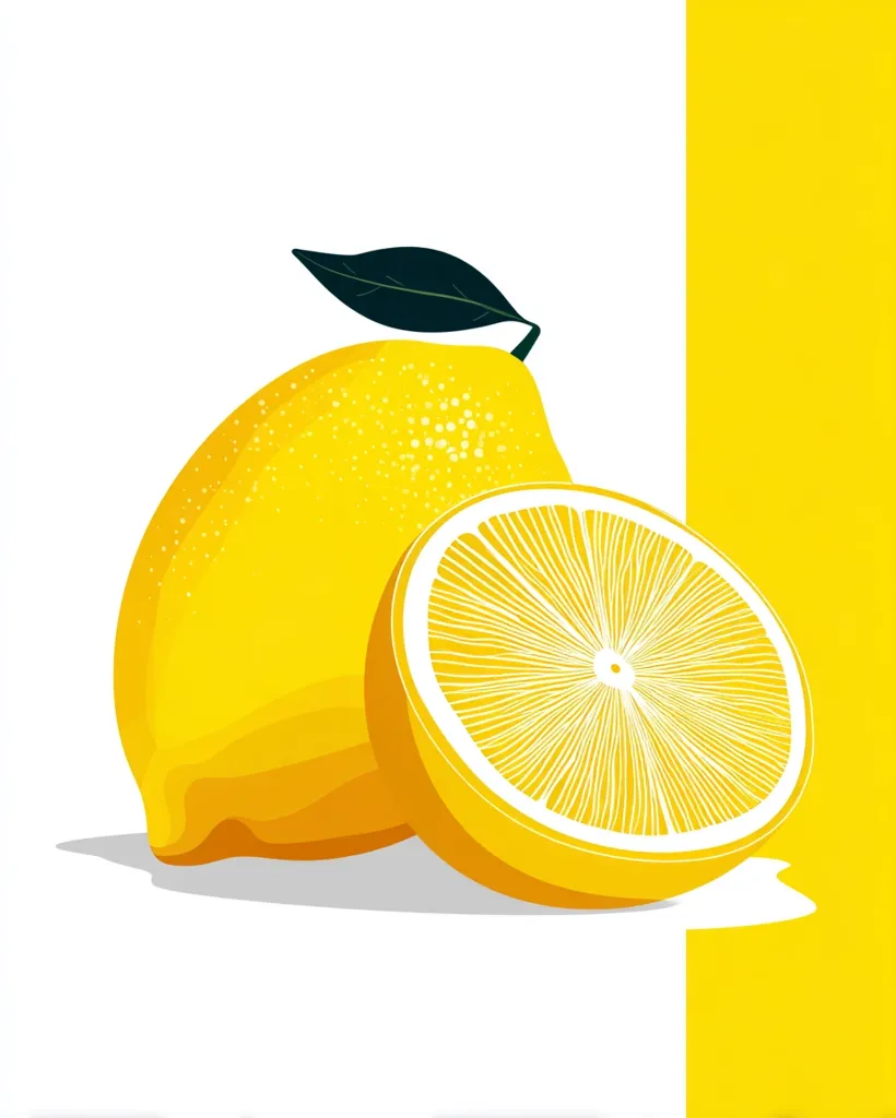 A vibrant illustration features a whole lemon and a lemon slice against a contrasting white and yellow background.  The lemon is depicted in a stylized, slightly textured yellow, with a single dark green leaf.  The cut lemon reveals its juicy, segmented interior. The image is clean and simple, emphasizing the bright citrus colors.