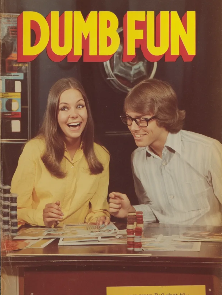 A vintage cover featuring the title "Dumb Fun" in bold, yellow letters.  Two young adults from the 1970s, a girl in a yellow shirt and a boy with glasses, are seated at a table strewn with papers and stacks of game chips.  Their expressions are joyful and playful, reflecting the game's lighthearted nature. The background suggests a game room or arcade setting.