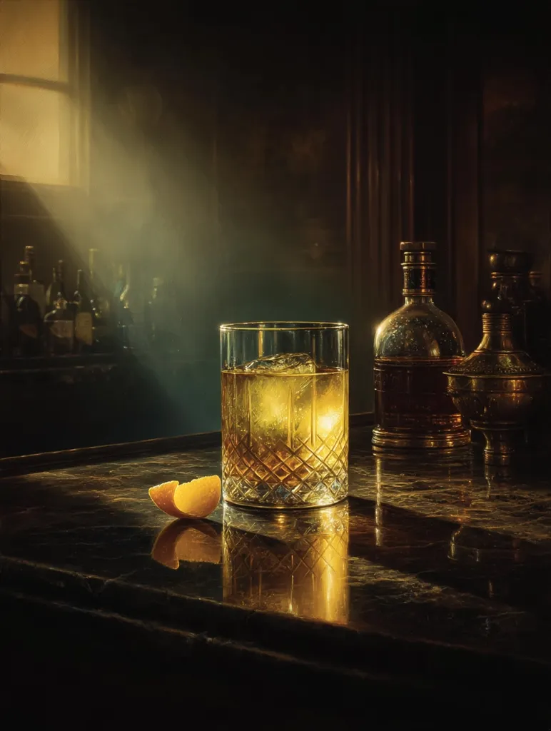 A dimly lit bar scene features a rocks glass of amber liquid, possibly whiskey, with ice cubes.  A sliver of orange peel rests beside it on a dark, polished bar top.  Behind the drink, blurred bottles and decanters add to the ambiance, bathed in warm, golden light streaming from a nearby window.  The overall mood is sophisticated and evocative of a classic cocktail setting.
