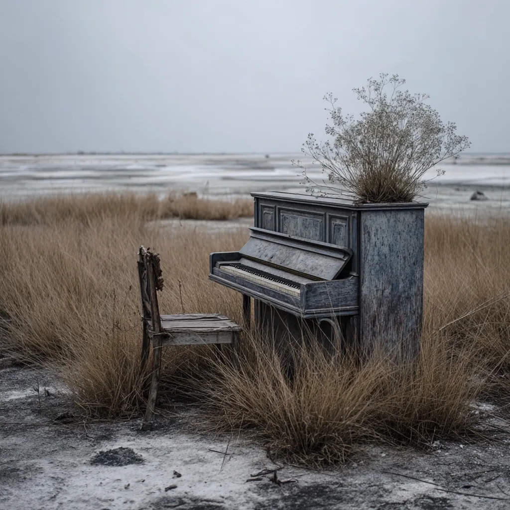 A weathered upright piano sits amidst tall, dry grasses near a calm, grey sea.  A simple, worn wooden chair is positioned beside it.  A dried plant arrangement adorns the piano's top. The overall scene evokes a sense of solitude and quiet abandonment. The muted colors and desolate landscape create a melancholic mood.