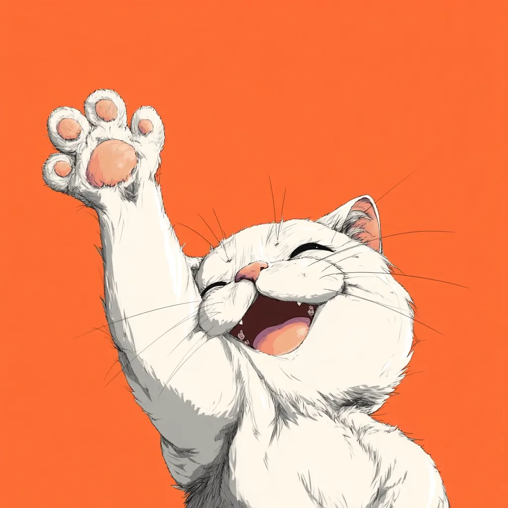 A cheerful white cat with a wide, joyful grin raises its paw high against a vibrant orange backdrop.  Its fur is meticulously detailed, showing texture and individual hairs. The cat's expression is one of pure happiness, making the image uplifting and playful. The contrast between the cat's white fur and the orange background enhances its vibrancy.