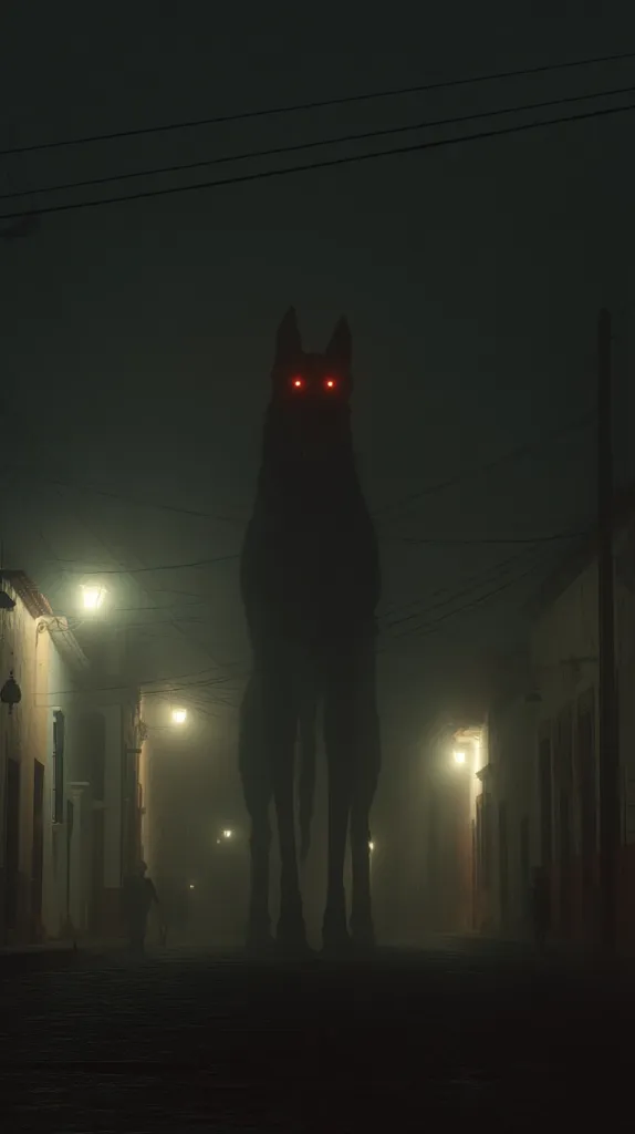A shadowy, colossal canine figure with glowing red eyes dominates a fog-shrouded street at night.  The creature looms large over dimly lit buildings and a few tiny human figures, creating an eerie and ominous atmosphere. The scene is dark and mysterious, with a strong sense of unease.  The fog obscures the details, adding to the unsettling effect.