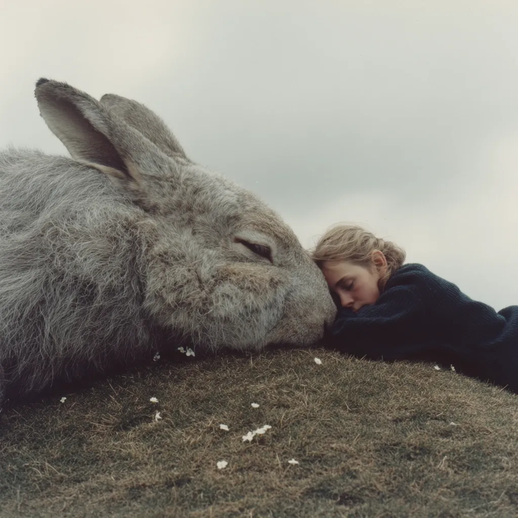 A young girl with blonde hair rests her head against a large, fluffy gray rabbit.  They lie together on a grassy hill under a muted sky. The scene is peaceful and evokes a sense of quiet companionship.  Small white flowers are scattered across the grass. The image has a soft, dreamlike quality.
