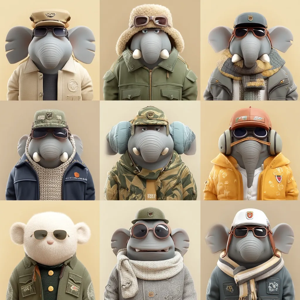 A grid showcases nine adorable anthropomorphic animal characters.  Eight are stylized elephants in various outfits and headwear, including aviator caps, military jackets, and winter gear. Each elephant sports sunglasses.  The ninth is a fluffy, white bear wearing a similar military-inspired jacket and sunglasses.  The designs are consistent, hinting at a cohesive collection or brand.