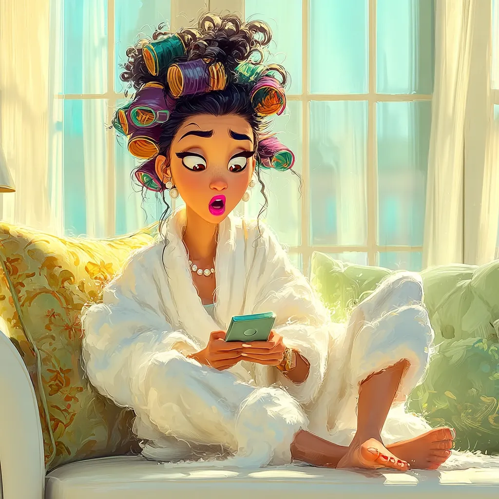 A stylized illustration of a young woman with dark curly hair in rollers, wearing a white bathrobe and pearl necklace.  She sits on a plush couch near a window, looking at her phone with a surprised expression. The bright, sunny room and her relaxed posture suggest a comfortable, possibly leisurely morning. Her vibrant makeup and animated style add to the overall playful tone of the artwork.