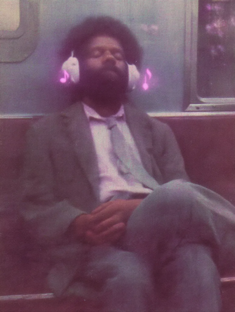 A man with an afro sits on a public transit bench, eyes closed, wearing a suit and large headphones.  Pink musical notes subtly emanate from the headphones, suggesting he's listening to music. The image has a soft, muted color palette, creating a calm and peaceful atmosphere.  The overall feeling is one of quiet contemplation and relaxation.