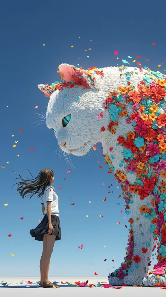 A young girl in a school uniform stands facing a colossal, white cat adorned with vibrant flowers.  Colorful butterflies flutter around them against a clear blue sky. The scene is surreal and dreamlike, suggesting a whimsical and magical encounter between the girl and the enormous floral feline.