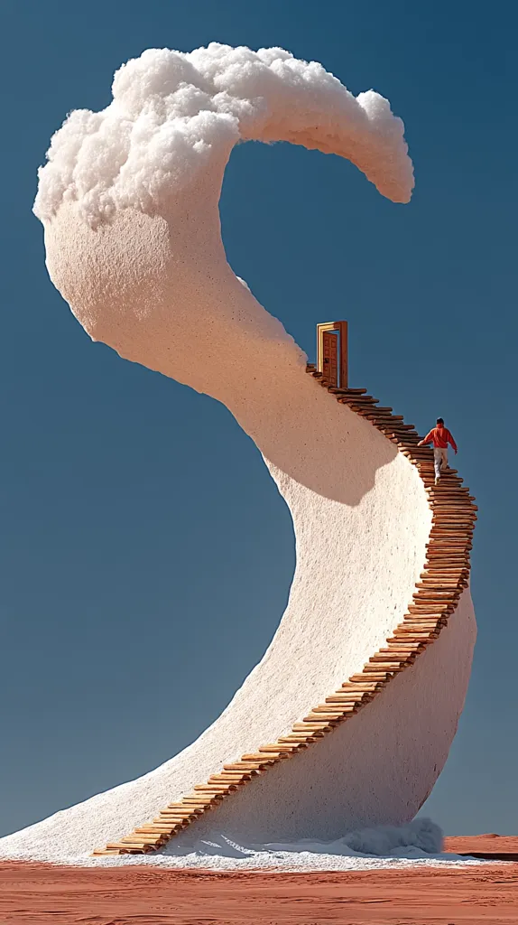 A surreal digital artwork depicts a person ascending a wooden staircase embedded in a large, wave-like structure resembling a cloud.  The structure is predominantly white, contrasting with the red desert ground.  A doorway sits at the top of the stairs, suggesting a journey or transition.  The clear blue sky emphasizes the otherworldly nature of the scene.