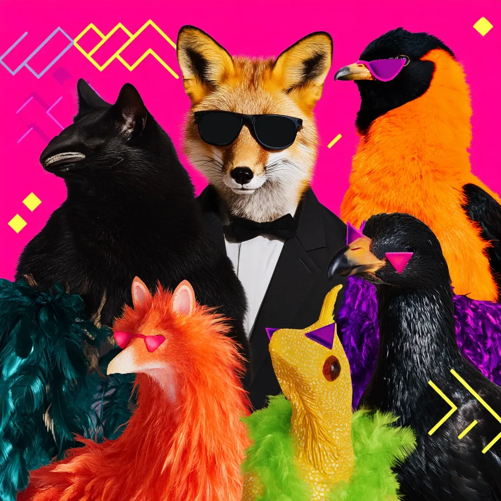 A vibrant, stylized collage features anthropomorphic animals in a playful, fashion-forward setting.  A fox in a tuxedo and sunglasses is central, flanked by a black cat, two birds in vibrant plumage and sunglasses, and two fox-like creatures with fluffy orange and red fur.  Geometric shapes and bright colors accentuate the bold, pop-art aesthetic.  The overall mood is fun, quirky, and fashionable.