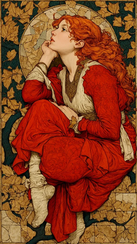 A young woman with vibrant red hair sits, her chin resting on her hand, in a flowing red dress.  She is framed by autumnal leaves and a mosaic-like background, creating a visually rich Art Nouveau style.  The detailed rendering of the fabric and hair highlights the artistic skill. Her pensive expression adds a touch of mystery. The overall composition is elegant and evocative of a dreamlike state.