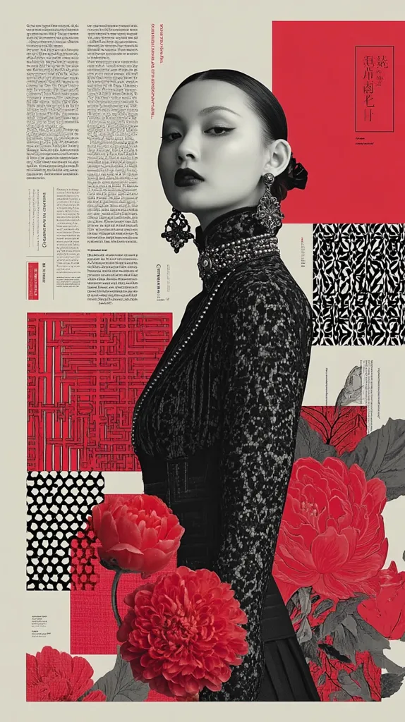 A striking monochrome portrait of a woman in a black, lace-detailed dress is juxtaposed with vibrant red floral elements and geometric patterns.  The design incorporates text blocks in a collage style, blending  typography and imagery. The overall effect is a visually rich and textured composition, showcasing a blend of Eastern and Western aesthetic elements.  The woman's strong gaze and the bold color contrast create a powerful and memorable image.