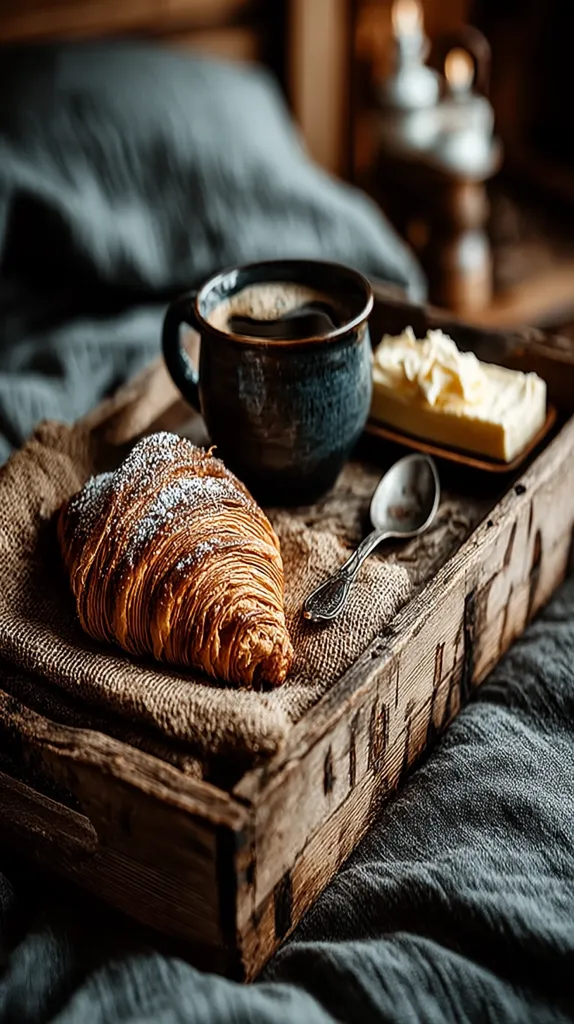 A rustic wooden tray holds a cozy breakfast scene: a flaky croissant dusted with powdered sugar, a dark mug of coffee, a pat of butter, and an antique spoon.  The tray rests on a dark teal linen, creating a warm and inviting ambiance.  The background hints at a dimly lit, comfortable room. The overall mood is one of quiet, simple pleasure.