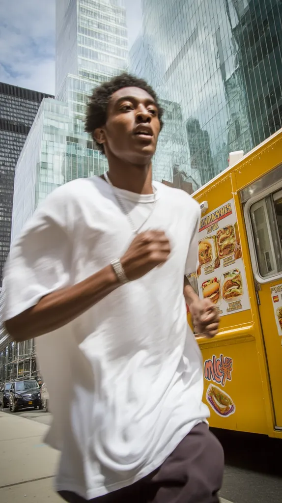 A young man, wearing a white t-shirt and dark shorts, runs past a yellow food truck on a city street.  Tall glass skyscrapers form a backdrop to the scene, under a bright, sunny sky.  The man's motion is blurred, suggesting speed.  The food truck's menu is visible, displaying various burgers and hotdogs.