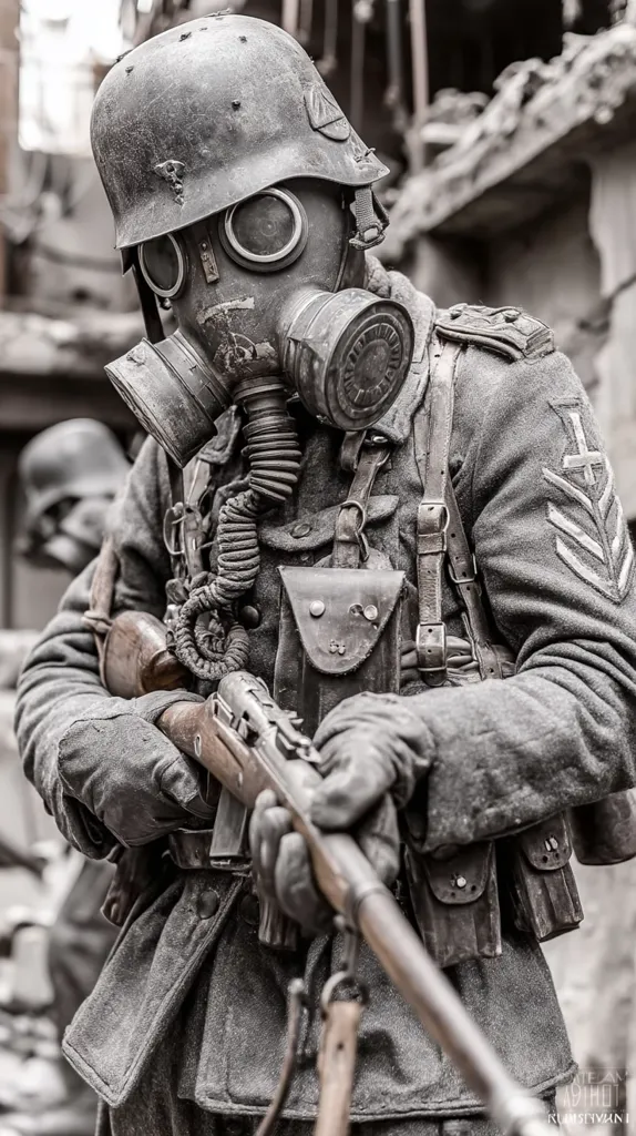 A grayscale image depicts a soldier, clad in a worn, dust-covered World War I-era German uniform, complete with a Stahlhelm and gas mask. He grips a rifle, his attire and equipment showing signs of extensive wear and tear, suggestive of a post-apocalyptic or battle-scarred setting. The background reveals a desolate, rubble-strewn landscape, enhancing the image's somber atmosphere.  The soldier's determined expression is partially obscured by his gas mask, adding to the scene's dramatic effect.