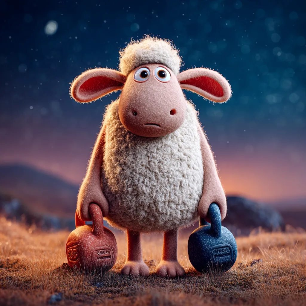 A fluffy, cartoon sheep stands pensively in a field at dusk, holding a red and a blue kettlebell in each hand.  The sheep has a slightly worried expression, and the scene is set against a backdrop of a starry night sky and rolling hills. The overall mood is serene yet slightly melancholic.