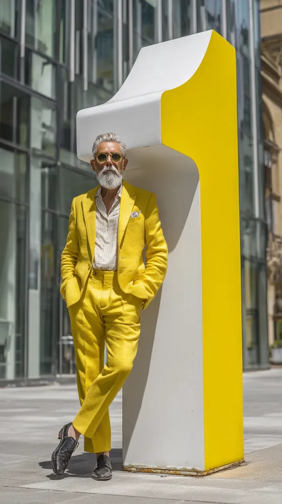 A stylish older man with a gray beard and sunglasses leans against a large, modern, yellow and white sculpture. He is wearing a vibrant yellow linen suit, a striped shirt, and black dress shoes.  The setting appears to be an urban outdoor space with a modern architectural backdrop.  The image conveys a sense of sophisticated style and urban cool.