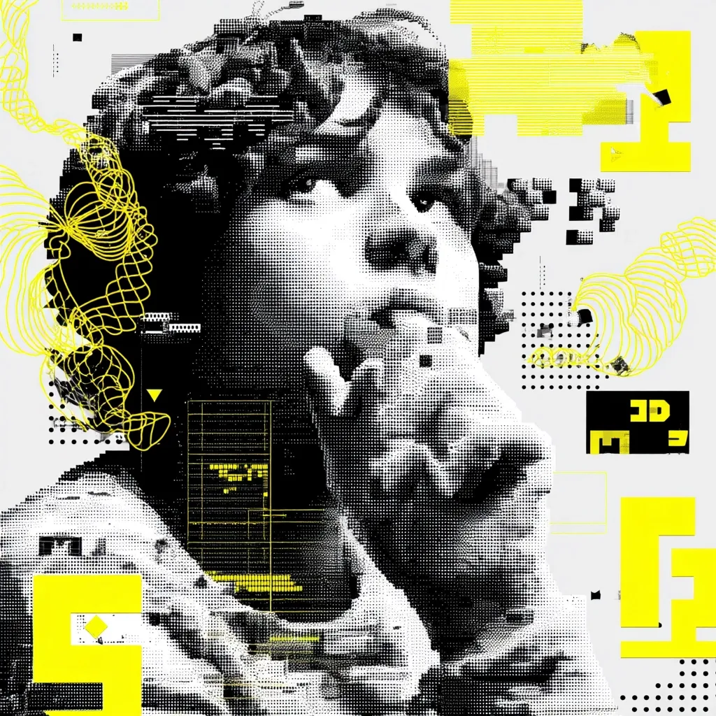 A stylized portrait of a young person, rendered in black and white halftone, dominates the image. Their hand is gently raised to their chin in a contemplative pose.  Surrounding the portrait are abstract geometric shapes and digital elements in vibrant yellow, creating a visually striking contrast.  The overall style blends classic portraiture with modern digital art aesthetics, suggesting themes of technology and introspection.