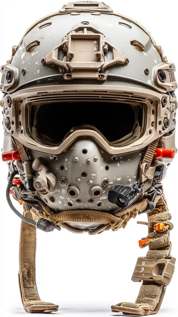 A tan tactical helmet with integrated goggles and a face mask is shown against a white background.  The helmet is heavily equipped with various attachments, including a camera, communication devices, and protective padding.  The overall appearance suggests advanced military or law enforcement gear, possibly used in combat or high-risk operations.  The helmet shows signs of wear, suggesting field use.