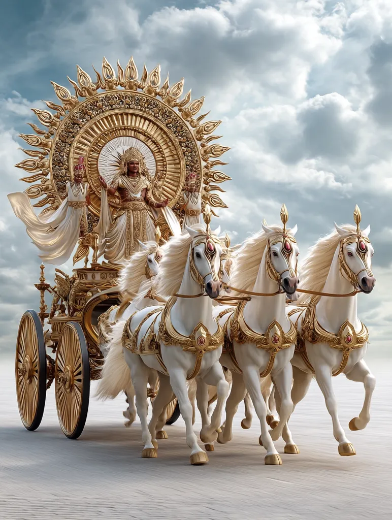 A majestic depiction of Surya, the Hindu sun god, riding a golden chariot drawn by four white horses.  Surya sits regally at the center of a radiant, sun-like structure.  The chariot is ornately decorated with gold and precious stones, showcasing intricate details.  The scene is set against a cloudy sky, enhancing the divine and powerful aura of the image.