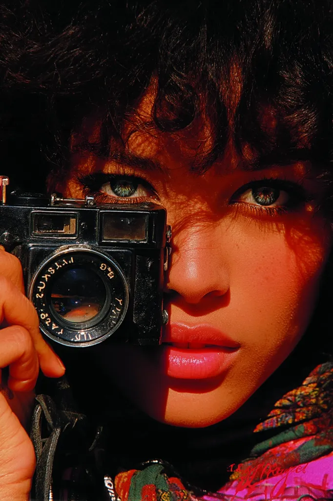 Close-up of a young woman with dark, curly hair holding a vintage camera to her eye.  The camera partially obscures her face, highlighting her striking eyes and sun-kissed skin.  She wears a colorful scarf, and the overall mood is warm and evocative of a candid moment.  The image has a slightly grainy, vintage feel.