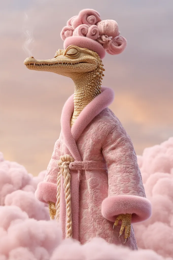 A whimsical digital illustration depicts a crocodile in a fluffy pink bathrobe and matching headpiece.  The crocodile appears serene, eyes closed, seemingly enjoying a moment of peace amidst a dreamy, pink cloud landscape.  A small puff of smoke suggests it may be enjoying a relaxing pastime. The overall aesthetic is soft, pastel, and slightly surreal.