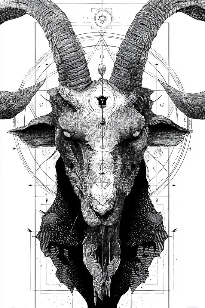 A detailed black and white illustration depicts a goat's head, intricately rendered with a textured, almost sculpted appearance.  Large, curved horns frame the face, which is stern and imposing.  Geometric symbols and lines, reminiscent of occult or alchemical imagery, are overlaid behind the goat, creating a complex and symbolic composition. The overall style is dark, mystical, and highly detailed.
