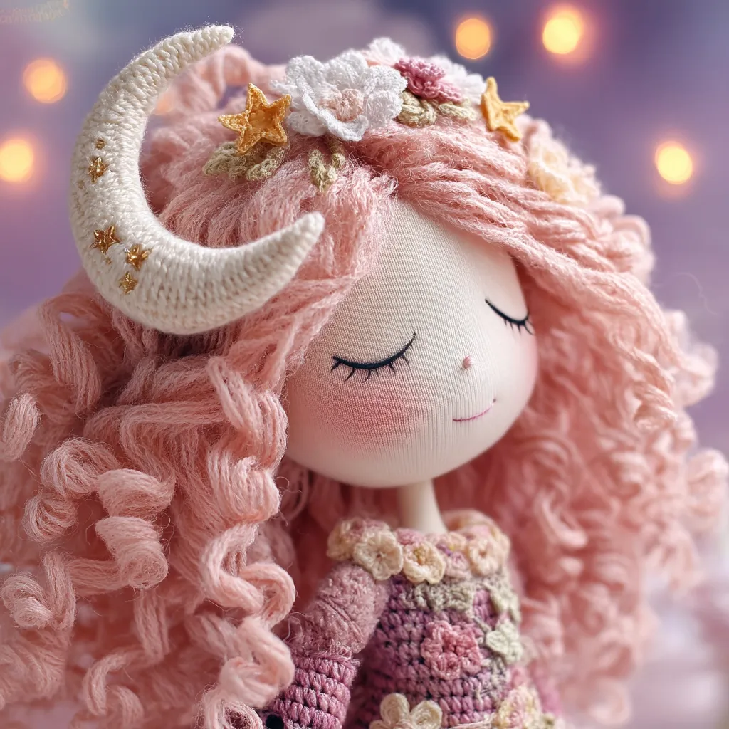 A handcrafted doll, adorned with a crocheted crescent moon headdress and pink curly yarn hair, is captured in a close-up shot.  Delicate crocheted flowers and star embellishments add to the whimsical design.  The doll's face is softly blushed, eyes closed in peaceful slumber.  The background features a soft purple bokeh, suggesting a dreamy, magical atmosphere.