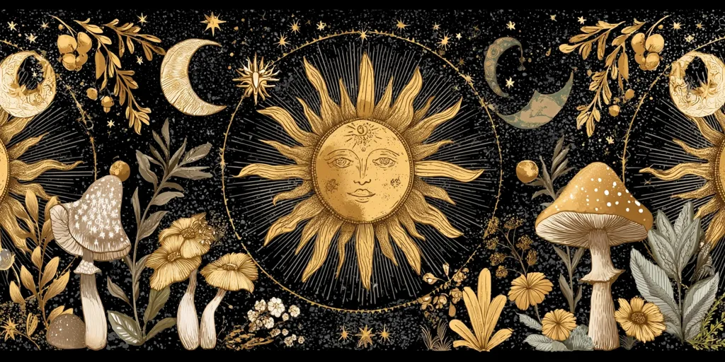A celestial tapestry in gold and black showcases a central sun with a face, flanked by crescent moons.  Surrounding the sun and moons are intricate botanical elements, including mushrooms and flowers, all rendered in a detailed, vintage style.  Stars and celestial dust speckle the dark background, creating a mystical and enchanting scene.  The overall aesthetic is bohemian and occult-inspired.