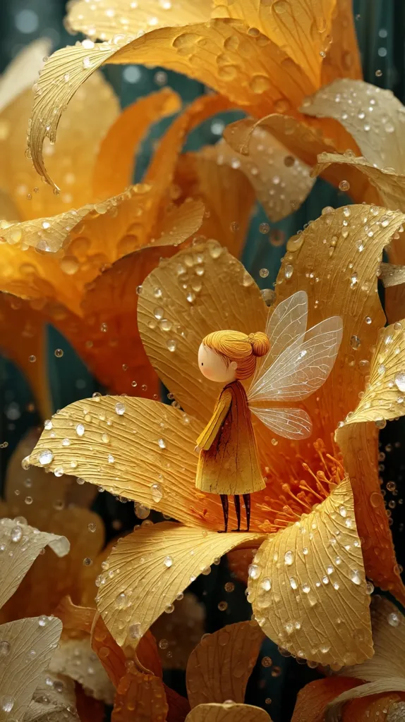 A whimsical illustration depicts a tiny fairy with translucent wings perched atop a dew-kissed, golden flower.  The flower's petals are intricately detailed, glistening with water droplets.  The scene is dreamy and ethereal, with a soft focus and muted background, creating a magical atmosphere.  The fairy's simple, elegant attire complements the warm hues of the flower and the overall serene mood.