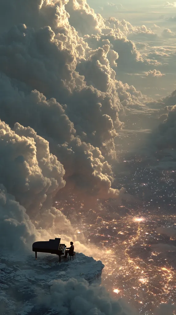 A solitary figure sits at a grand piano perched atop a cloud-covered cliff, overlooking a sprawling city bathed in golden lights below.  The scene is surreal and dreamlike, with fluffy clouds filling the vast expanse of the sky. The pianist's silhouette is stark against the ethereal backdrop, creating a sense of peaceful isolation and majestic beauty.