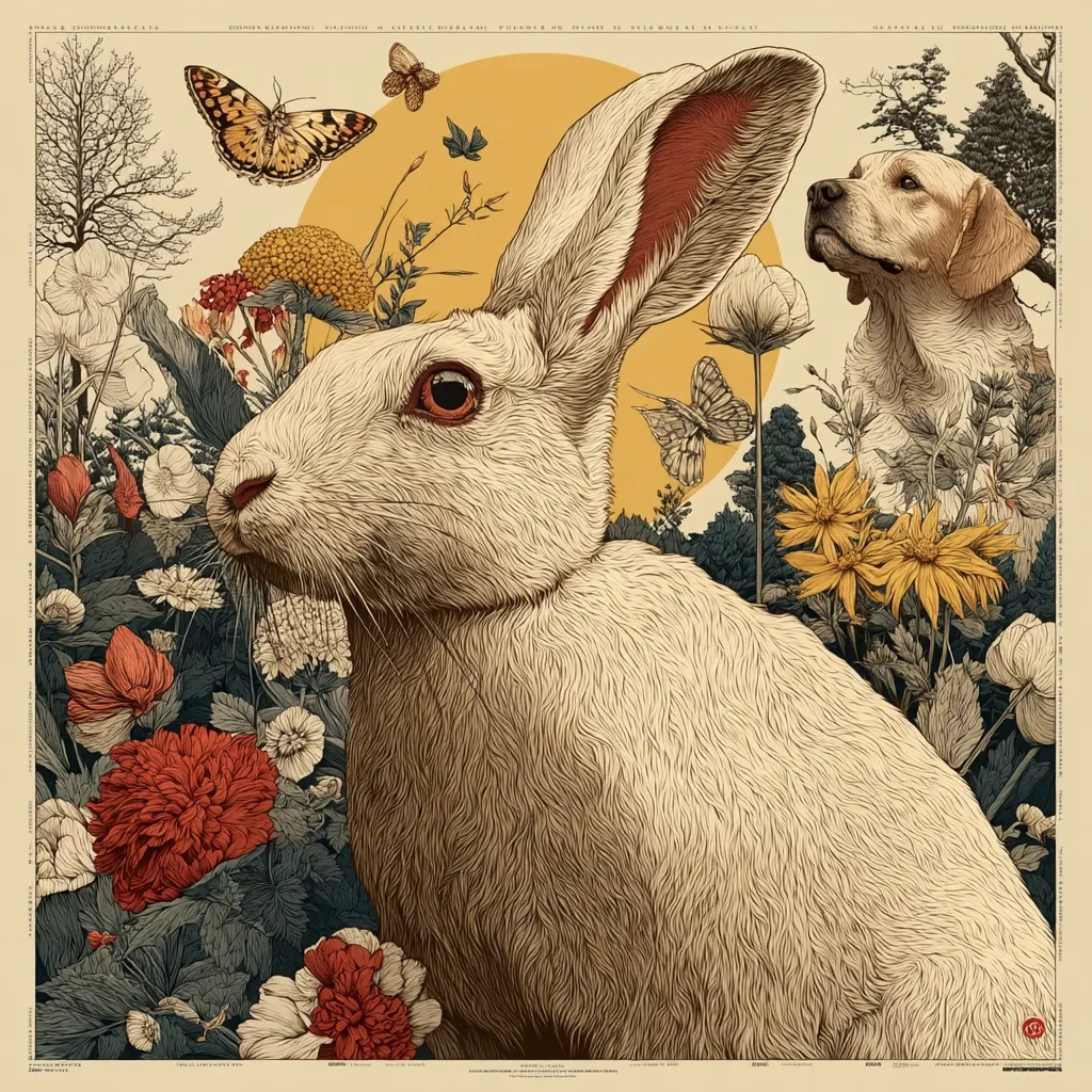 A detailed illustration showcases a white rabbit as the central figure, surrounded by a vibrant garden bursting with flowers and butterflies.  A yellow Labrador retriever is subtly positioned in the background, adding depth to the scene. The artistic style is reminiscent of vintage botanical prints, utilizing a rich color palette and intricate linework to capture the beauty of nature.  The overall mood is serene and peaceful.
