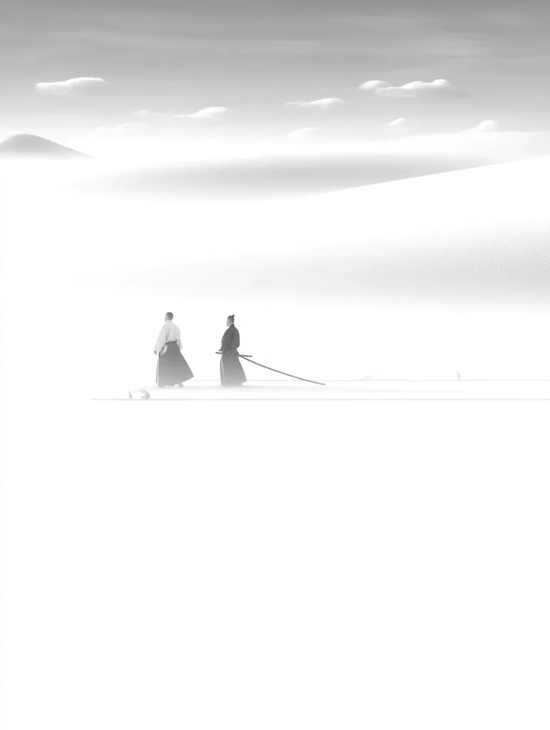 A monochromatic image depicts two figures, possibly martial artists, standing in a vast, snow-covered landscape.  One figure wears a dark kimono, the other lighter clothing.  A long, thin object, perhaps a staff or sword, lies on the ground between them. The background is a minimalist representation of a hazy, mountainous terrain under a pale sky. The scene evokes a sense of serenity and solitude.