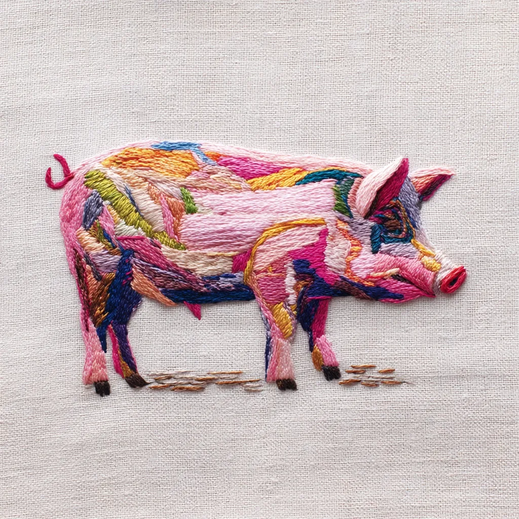 A vibrant embroidered pig is depicted on a light beige fabric.  The pig's body is a patchwork of multicolored threads, creating an abstract and colorful effect.  Pink, orange, yellow, green, and blue hues dominate the design.  The stitching style gives a textured, almost painted look to the pig.  A few simple brown stitches suggest ground beneath its feet.