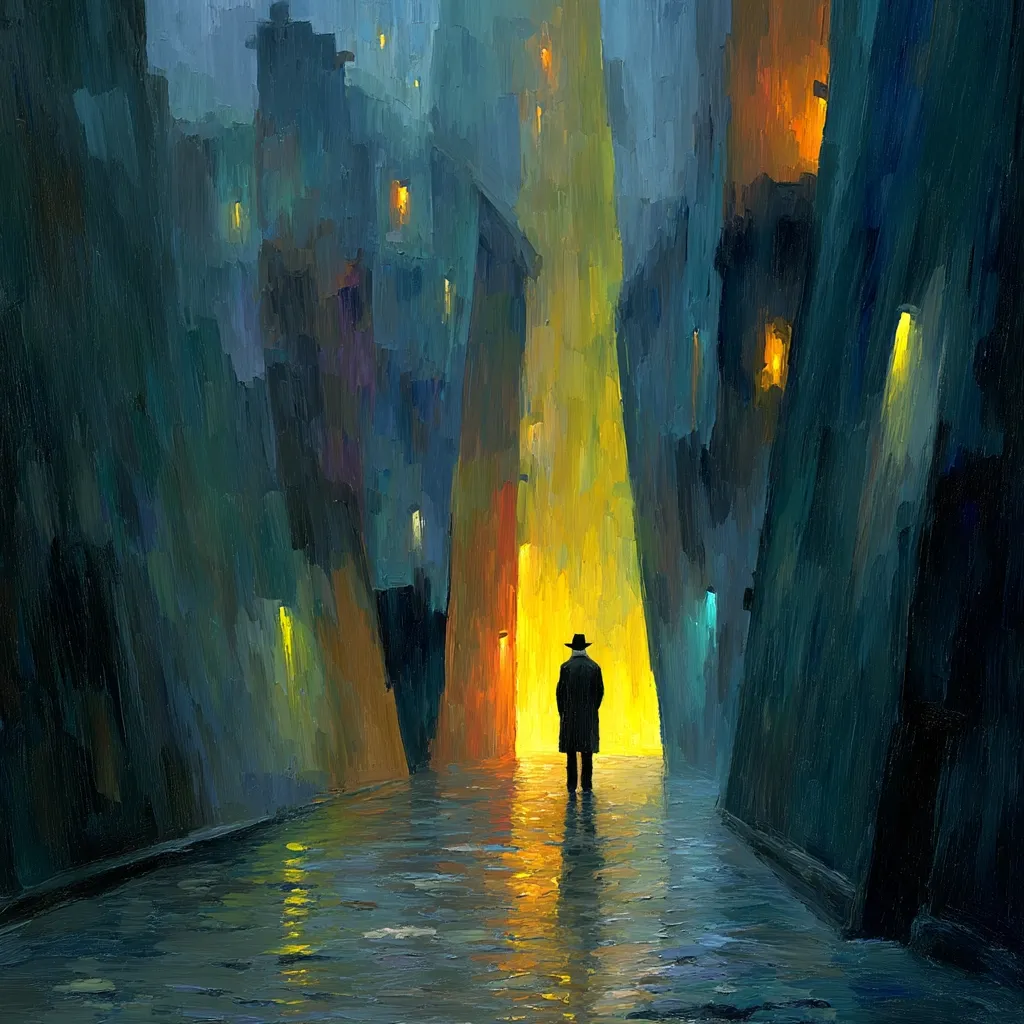 A lone figure in a hat stands in a dimly lit, rain-slicked alleyway.  Tall buildings, rendered in rich blues and greens, flank the passage, their windows glowing with warm light.  A bright, golden light emanates from the alley's far end, creating a dramatic contrast with the darker surroundings. The oil painting's impasto style adds texture and depth to the scene, evoking a sense of mystery and solitude.