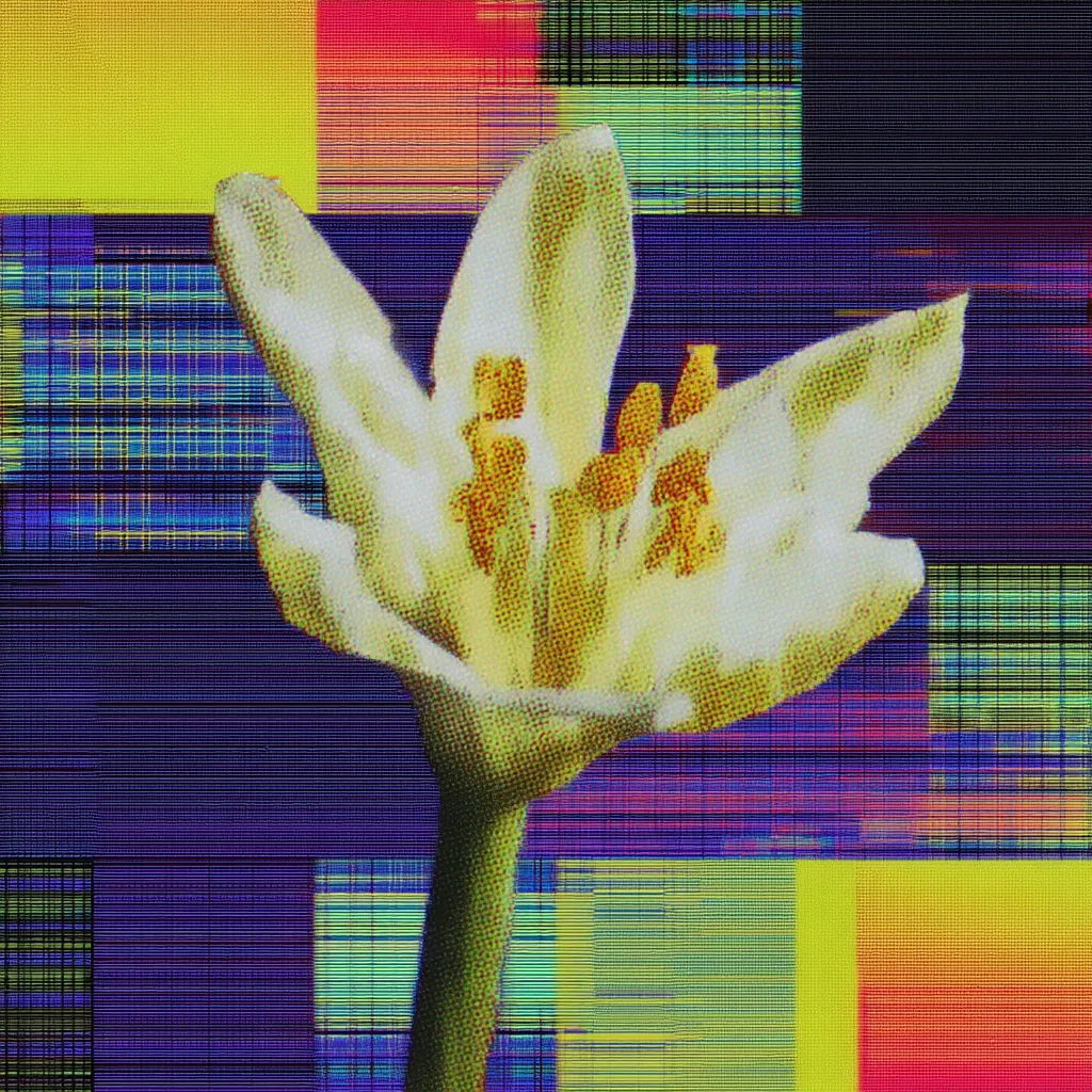 A stylized image of a single white flower, possibly a lily, is presented against a vibrant, glitch-art background.  The flower is depicted in a pointillist style, contrasting with the bold, horizontal and vertical stripes of the background in various shades of blue, purple, yellow, and red.  The overall effect is a blend of natural beauty and digital distortion.