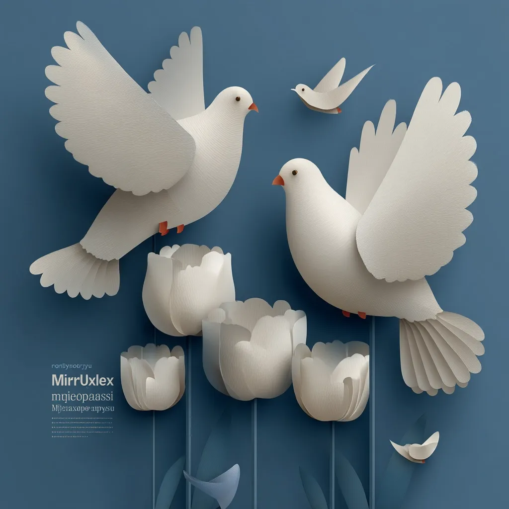 A paper-cut style illustration features two white doves perched on creamy white tulips against a deep blue background.  A smaller dove flies above them, adding to the peaceful scene. The intricate details of the birds and flowers create a delicate and serene atmosphere.  A small text element is visible at the bottom, though illegible. The overall style is elegant and minimalist.