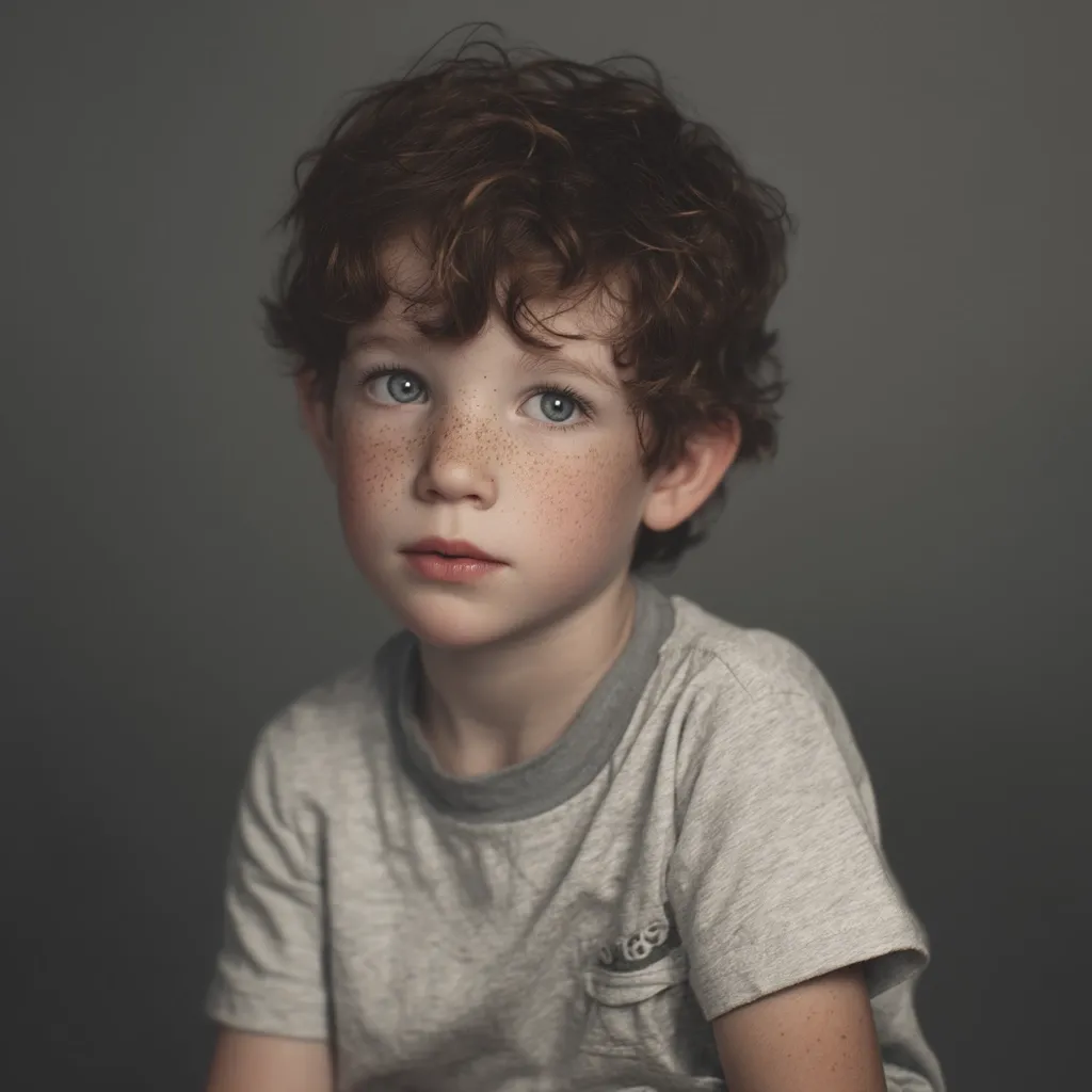 A portrait of a young boy with light skin and freckles. He has curly, light brown hair and blue eyes. He is wearing a simple, light grey t-shirt. The background is a muted grey, providing a soft contrast to the boy's features. The image is softly lit, creating a contemplative mood.  His expression is serious and slightly pensive.