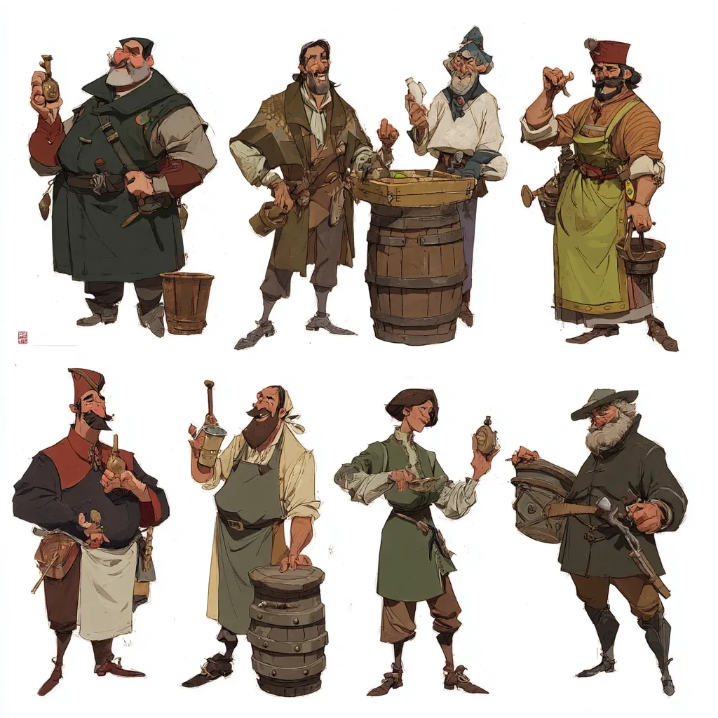 Eight stylized illustrations depict diverse individuals, possibly vendors or tavern patrons, from a historical or fantasy setting.  They are richly dressed in period clothing and hold various items, including barrels, jugs, and containers, suggesting a marketplace or tavern scene. Each character possesses unique features and expressions, contributing to a vibrant and engaging composition. The artwork's style is painterly, with a focus on rich colors and textures.